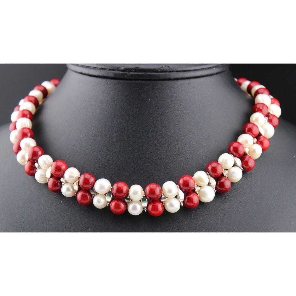 Double Row Deep Burgundy Red Glass Cultured Pearl 18" Collar Necklace
